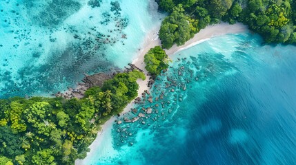 Sticker - Aerial View of Tropical Island with Turquoise Water and Lush Green Foliage.