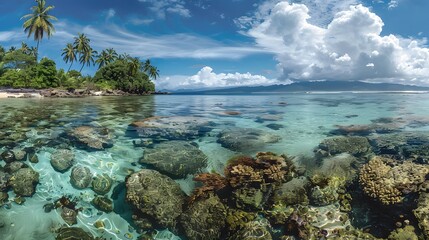 Sticker - Tropical Island Lagoon with Palm Trees and Clear Water.