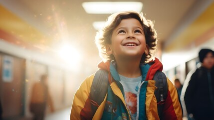 Wall Mural - Energetic child standing in a sunlit school hallway,