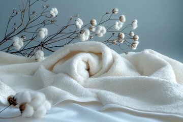 Wall Mural - a rolled white hotel towel with cotton around on grey background