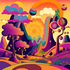 Wall Mural - Psychedelic groovy landscape background. Neural Network ai generated art
