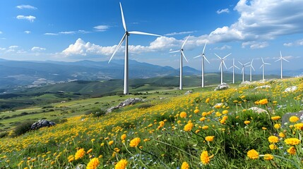 Canvas Print - Scenic Wind Farm with Spinning Turbines in Verdant Mountain Landscape