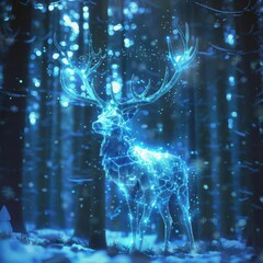 enchanted winter forest scene with a bioluminescent rudolph his antlers glowing with ethereal blue light snowflakes suspended in air creating a magical atmosphere