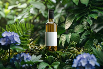 Wine Bottle in Lush Tropical Foliage