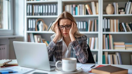 Wall Mural - The stressed businesswoman at desk