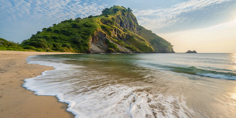 Wall Mural - A serene beach with gentle waves washing onto the sandy shore, backed by a lush green hill under a partly cloudy sky