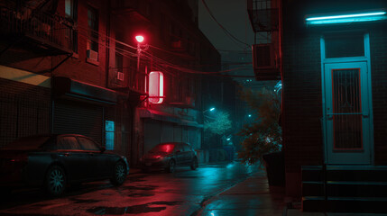 Wall Mural - A moody urban alley at night, illuminated by red and blue neon lights, with parked cars and wet pavement reflecting the glow