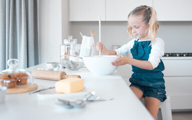 Wall Mural - Kitchen baking, mixing and kid learning cooking, happy and preparing butter, flour or food ingredients. Girl, smile and fun for childhood, development and home hobby for snacks and cupcakes or muffin