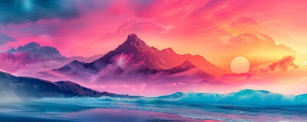 Poster - Mountains and Ocean at Sunset.