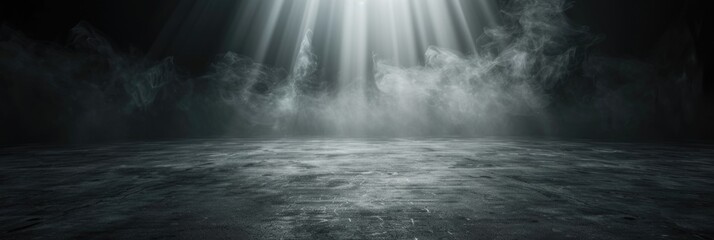 Poster - Abstract dark concrete floor with fog, lights and space for product presentation or display.