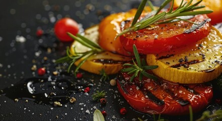 Wall Mural - Grilled vegetables on a dark background, closeup.