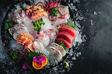 Wall Mural - Fish sashimi on ice, top view, dark background.