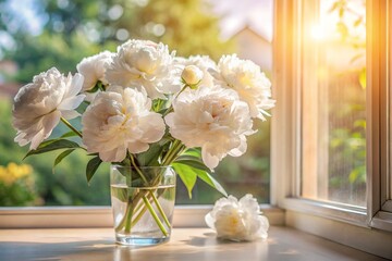 Wall Mural - A beautiful white bouquet of peonies in the sun on the windowsill. Flowers and buds in a vase. Light, white background.