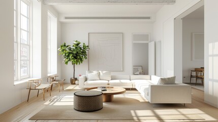 Poster - A bright living room with clean lines, white walls, and minimal furniture, highlighting simplicity and elegance