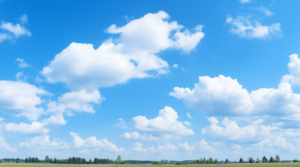 Poster - Expansive Blue Sky with Scattered Fluffy Clouds over a Distant Forest and Green Field