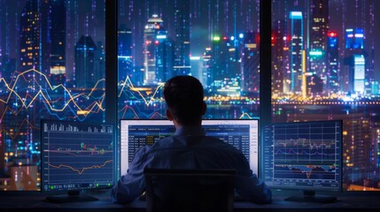 Aufkleber - A businessman analyzing financial graphs and charts on a computer screen, with a city skyline in the background