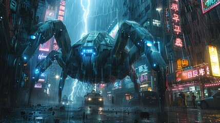 Poster - Cyberpunk City: Mechanical Spider Under a Storm