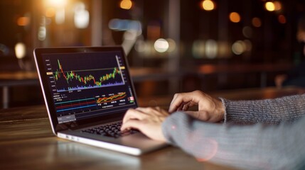 Aufkleber - A businessman checking stock market graphs and financial news on a laptop at a coffee shop