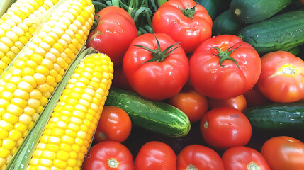 Red ripe tomato, green cucumber and yellow corn vegetables on the city street marketplace. Organic and healthy supermarket, agriculture variety of raw products sale on stand, local business