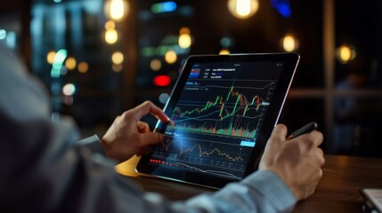 Leinwandbilder - A businessman using a tablet to monitor stock market graphs and portfolio performance