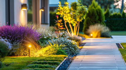 Decorative small solar lanterns near stone steps in the garden. Garden lighting at night, solar-powered lamps.