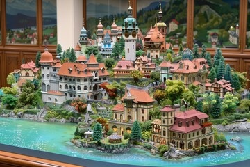 Poster - Detailed miniature village set in a lush green landscape showcasing intricate craftsmanship and design