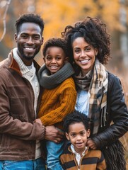 A family smiling and posing together in a wooded area, suitable for use in editorial or commercial photography