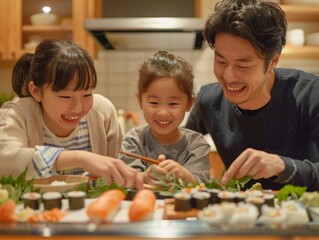 Joyful Japanese Family Making Sushi Together in Warmly Lit Kitchen with Fresh Ingredients and Wooden DÃ©cor