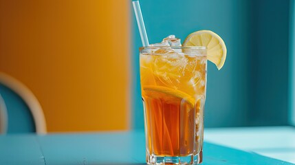 A refreshing iced tea in a rice-colored glass with a straw and lemon wedge