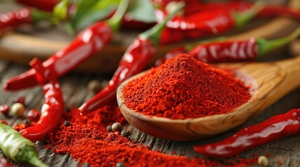 A wooden spoon filled with red chili powder, surrounded by fresh chilies