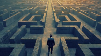 A businessman is in a huge maze, unsure of how to get out.