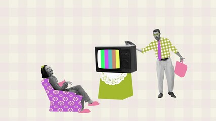 Wall Mural - Stop motion. Creative animation in retro style. Young woman laughing and watching TV, man coming back from work. House duties. Concept of family, relationship, vintage, lifestyle.