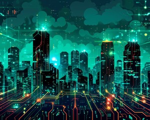 Futuristic Smart Cyber City illustration: Innovative Urban Landscape in Digital Circuitry, futuristic technology concept, Graphic Resources, Wallpapers, Brochure, Websites, banner design, Advertising,