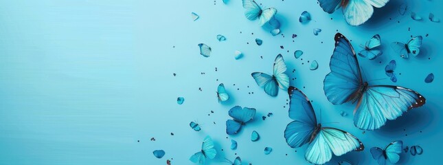 beautiful turquoise butterflies on blue background with copy space, banner design.