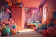 © anavanesagarna - 3d rendering room with isometric interior, open view. Warm home atmosphere in love nest. Design of a small practical apartment, cute dollhouse. Generative AI.