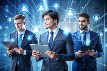 Three men in suits are holding tablets and looking at a network of people