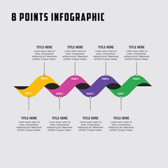 8 steps infographic template vector with icons, wave shaped layout, use for workflow, timeline, processes, banner, brochure, pamphlet, flyer, etc