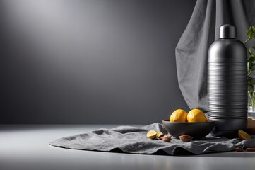 Wall Mural - still life with lemons bowl tablecloth and black bottle against grey backdrop
