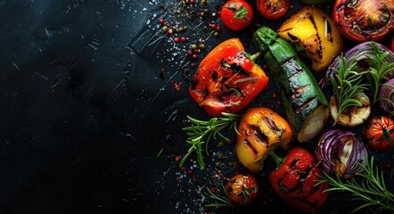 Wall Mural - Grilled vegetables on a dark background, closeup.