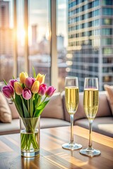 Sticker - Tulips and champagne glasses on a table by the window.