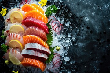 Wall Mural - Sliced fresh fish sashimi with ice on dark background, top view. Asian food concept.