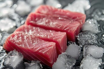 Wall Mural - Three raw tuna fillet sashimi on ice, top view, closeup.