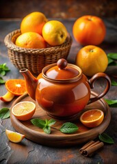 Poster - Basket of fresh oranges with a teapot and sliced oranges.