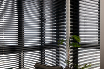 Leinwandbilder - Wooden automatic blinds partially open, covering large corner windows in the interior. Sunlight gently filters through wood venetian blinds, creating a serene atmosphere, complemented by indoor plants