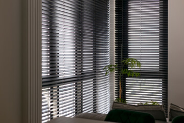 Leinwandbilder - Wooden automatic blinds partially open, covering large corner windows in the interior. Sunlight gently filters through wood venetian blinds, creating a serene atmosphere, complemented by indoor plants