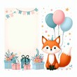 © Elena - Birthday square invitation, card, banner with cartoon little fox, colorful balloons, gifts on white background