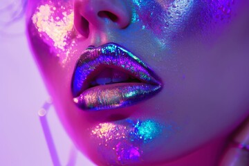 Neon woman closeup portrait. Blue lips of glamour model. Glowing violet metallic cosmetics. Beautiful makeup fashion colorful bright trendy style. Glow make up face of girl