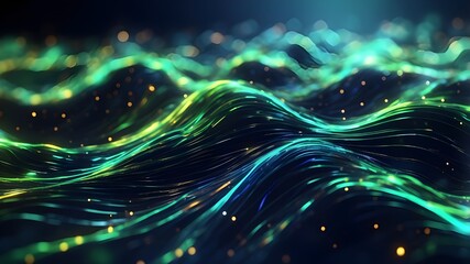 Wall Mural - Abstract futuristic background with bokeh lights and green, blue, luminous neon wave lines flowing quickly. Concept of data transmission Wonderful wallpaper