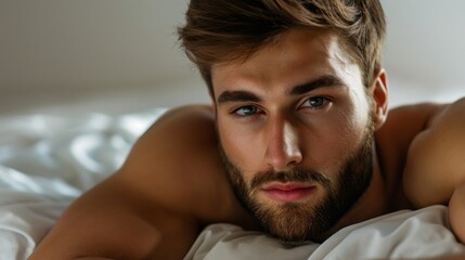 A man with a beard and blue eyes is laying on a bed