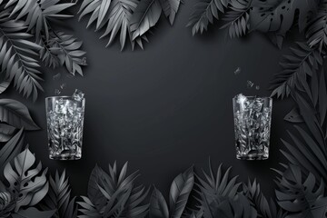 Poster - Monochrome Tropical Leaves with Silver Cocktails Illustration